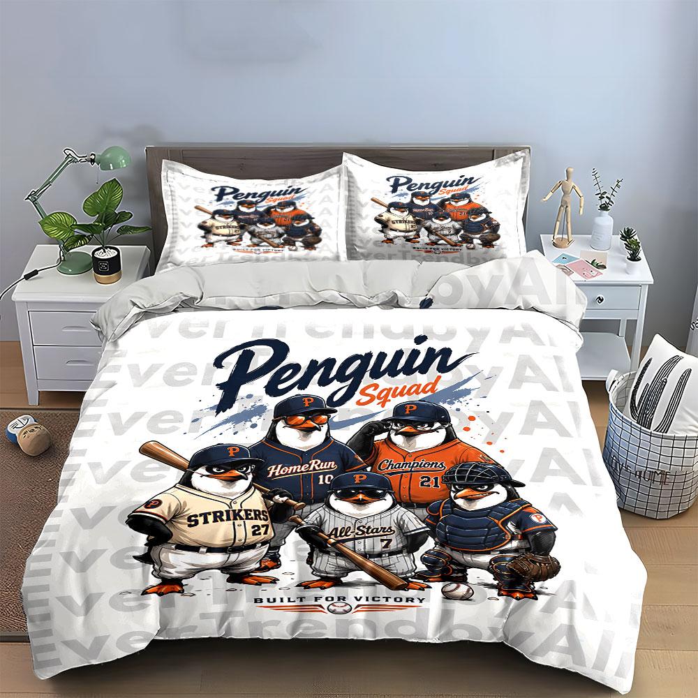 Penguin Baseball Squad Print Bedding Duvet Cover Set Duvet Cover Pillowcases (1*Duvet Cover 2*Pillowcases, without duvet insert)