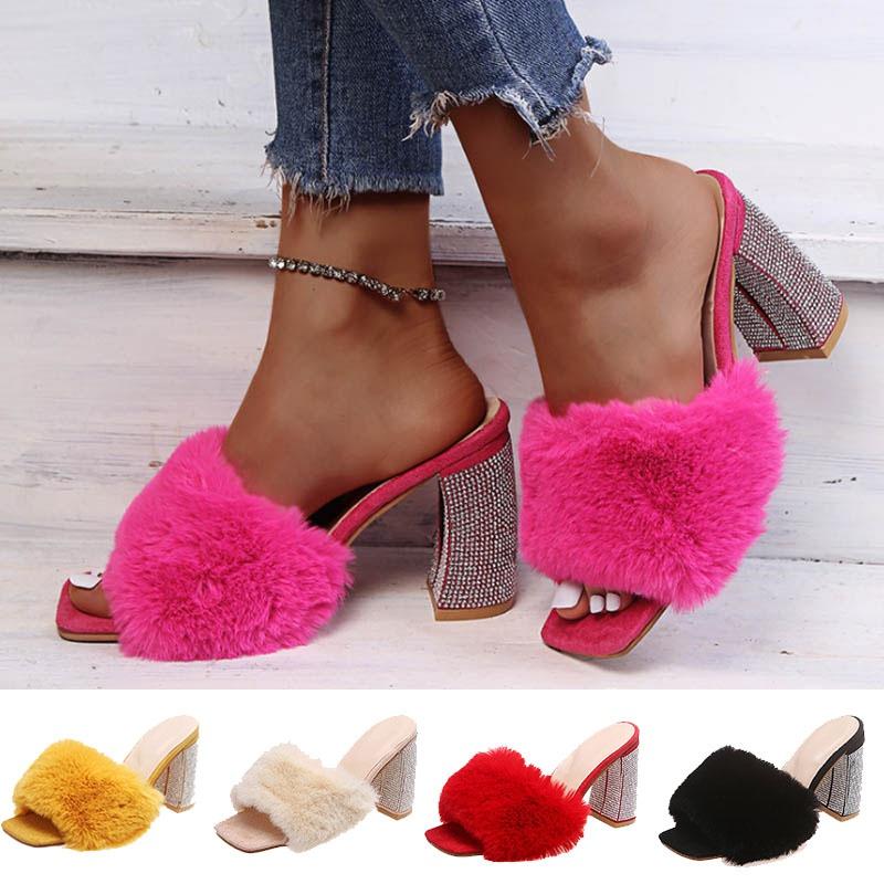 Thick Heel Pink Fuzzy Slippers for Women Silver Rhinestone High Heel Sandals Sexy Ladies Party Shoes
