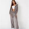 Casual Pajama Pants Set Autumn and Winter Goose Velvet Women's 2 Piece Pajama Set Lounge Wear Zipper Open Velvet Hooded Lounge Wear