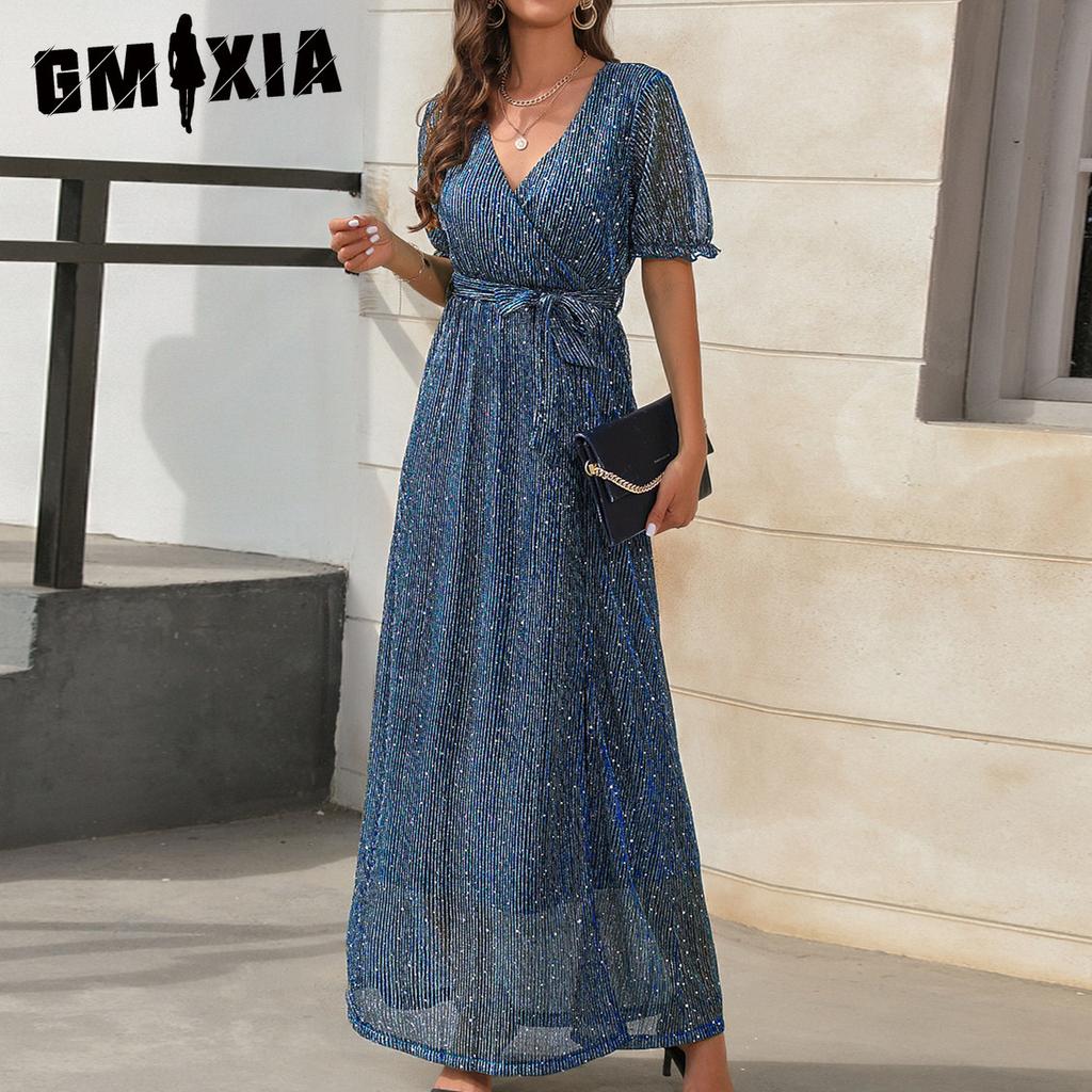 GMXIA Новый продукт Платье с V-образным вырезом и высокой талией, платье с длинными рукавами и разрезом