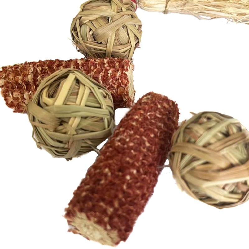 Natural Grass and Corn Core Chew Ball Small Pet Teeth Cleaning Hanging Toy for Rodents