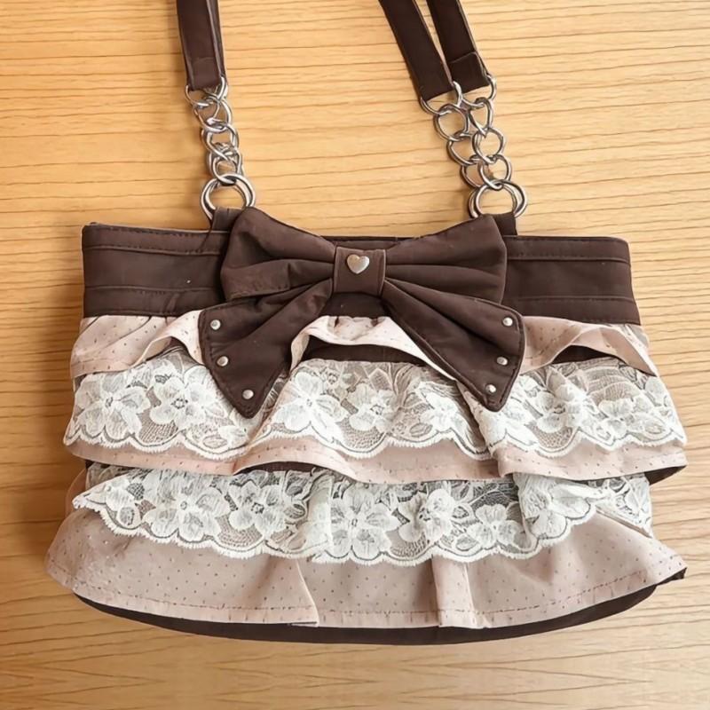Korean Retro Lolita Brown Pink Tote Bag Women Bow Lace Patchwork Large Capacity Handbag Ladies Sweet Cute Harajuku Shoulder Bags