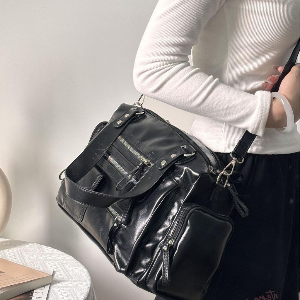 Punk Style Crow Bag New Fashion Soft Leather Multi-zipper Pocket Large Capacity Locomotive Bag Shoulder Handbag