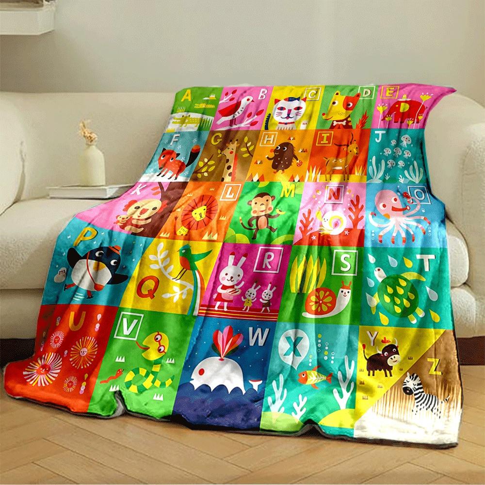 The pattern features alphabet letters paired with illustrated animals. for all seasons blanket lunch break throw gift