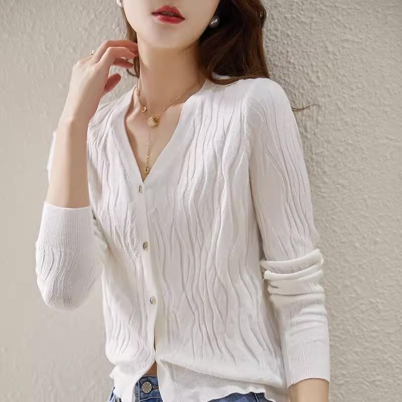 Cardigan Jacket Spring and Autumn Women's Solid Color Long-sleeved Sweater V-neck Knitwear