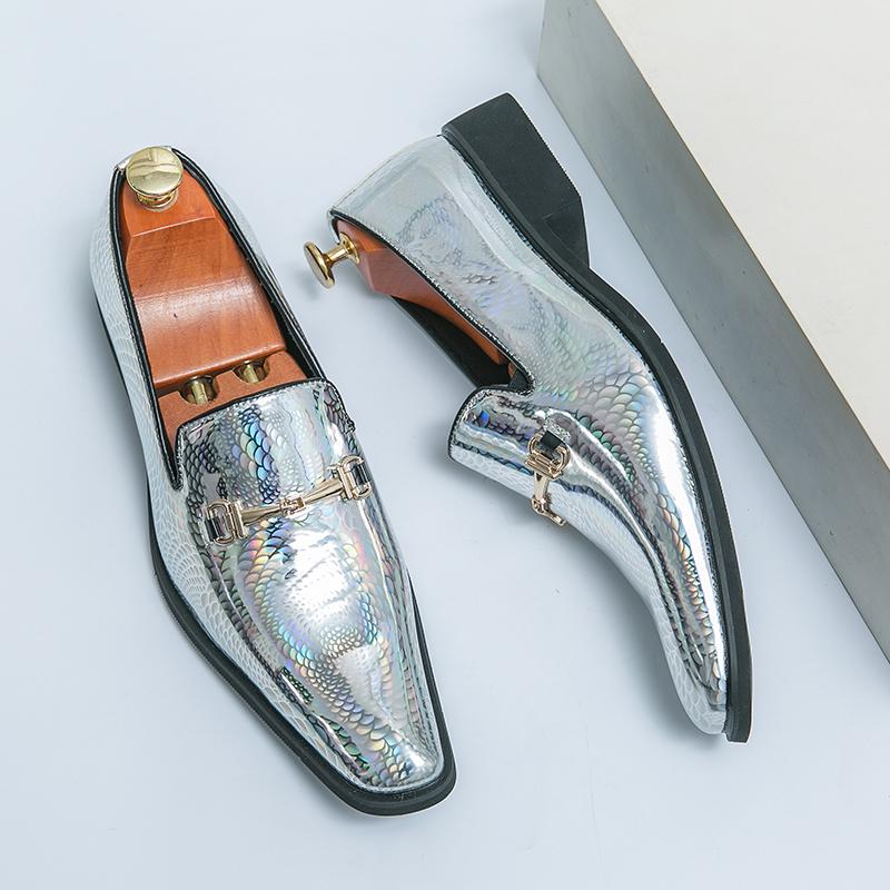 Luxury Banquet Dress Formal Shoes Pointed Low Cut High-end Business Casual Shoes for Men's Silver Men's Shiny Leather Shoes