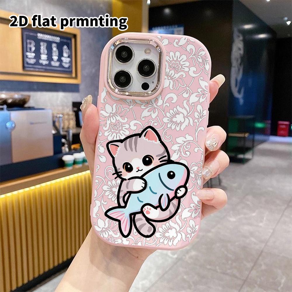 Phone case: 2D flat design suitable for iPhone 18 17 16 15 14 13 Pro protective case, couple style, little cat holding a fish, Christmas and Halloween