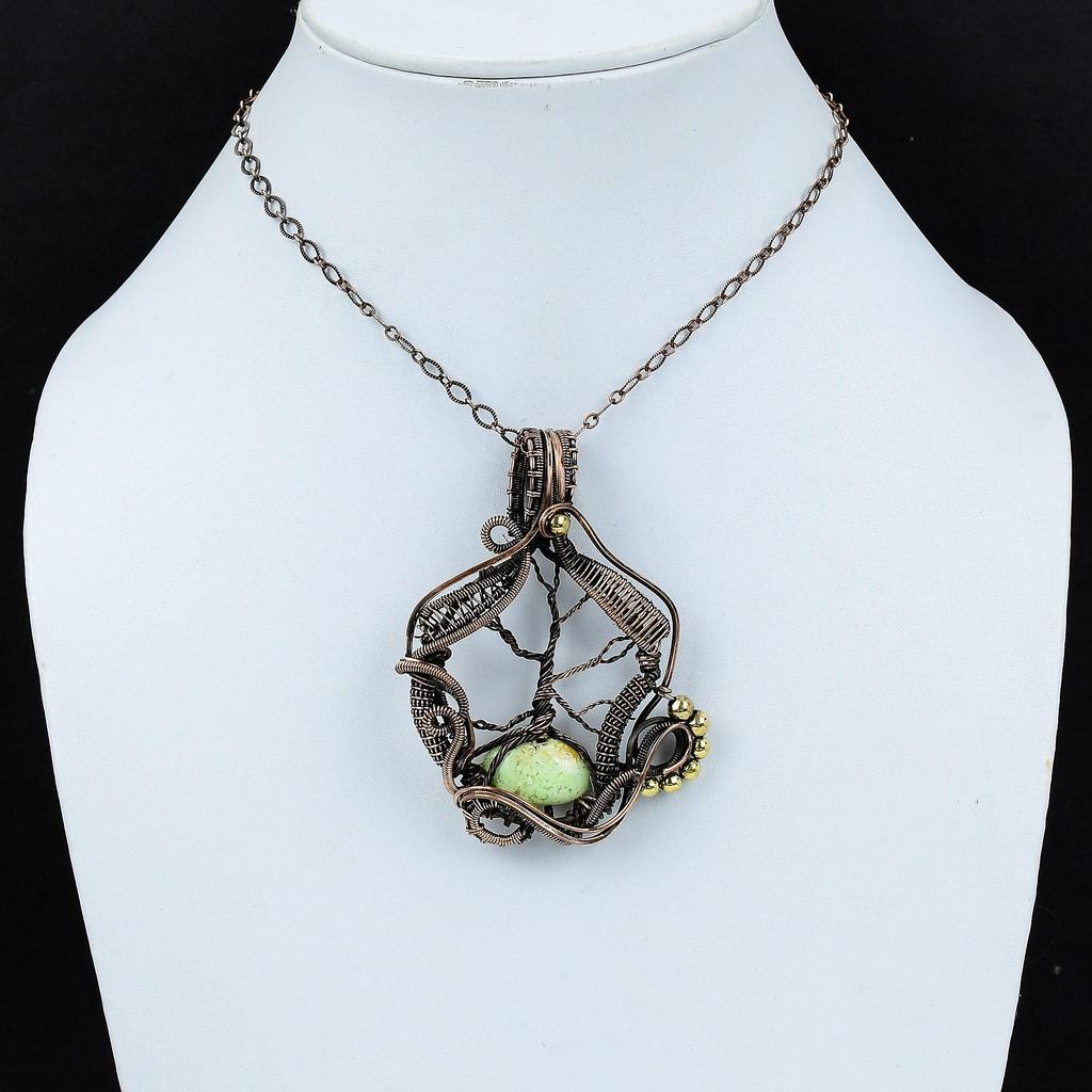 Кулон Древо Жизни с лимонным хризопразом, обернутый медной проволокой, кулон с драгоценным камнем, медные украшения, кулон ручной работы, украшения Древо Жизни в подарок