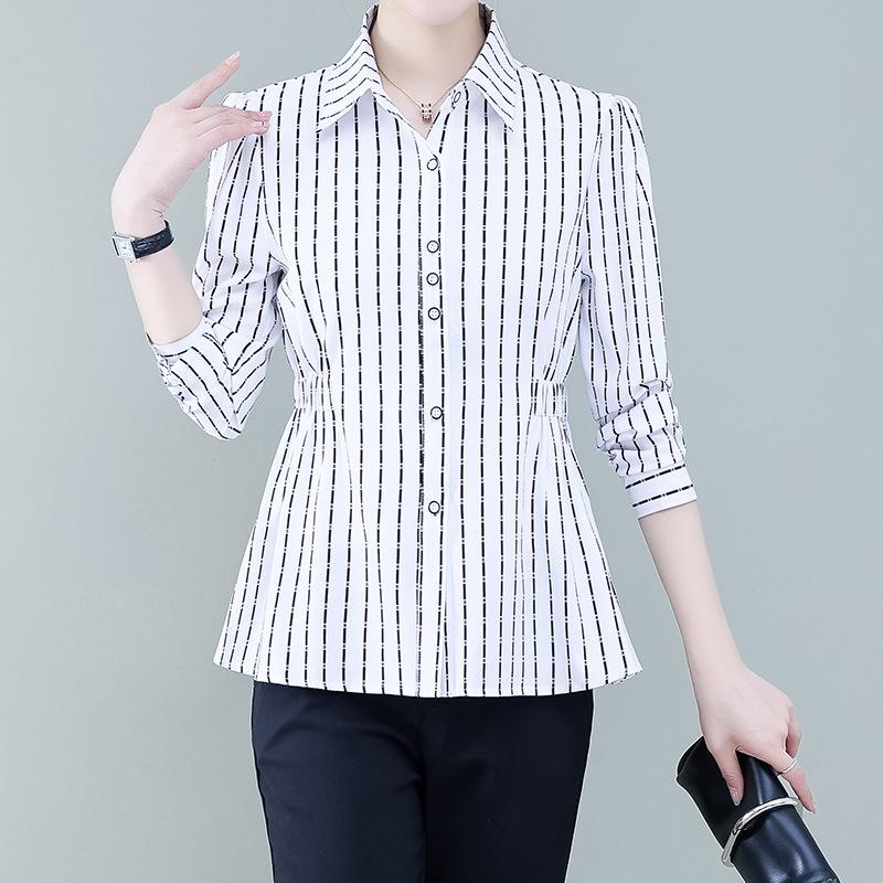 YYFS Женские модные повседневные весенне-осенние рубашки-поло с длинным рукавом и принтом в полоску, блузки и рубашки