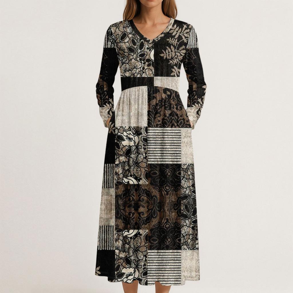 Платье для женщин длинное бохо пляжное платье элегантное макси-платье V-образный вырез длинный рукав платье с карманами