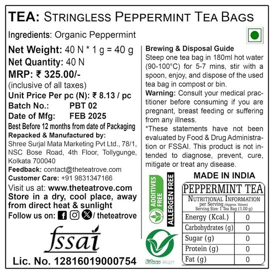 The tea trove Травяной мятный чай в пакетиках Органический-40 Без кофеина Мятные чайные пакетики для облегчения вздутия живота, газообразования - Заваривать горячим или со льдом, 40 грамм, 1 упаковка