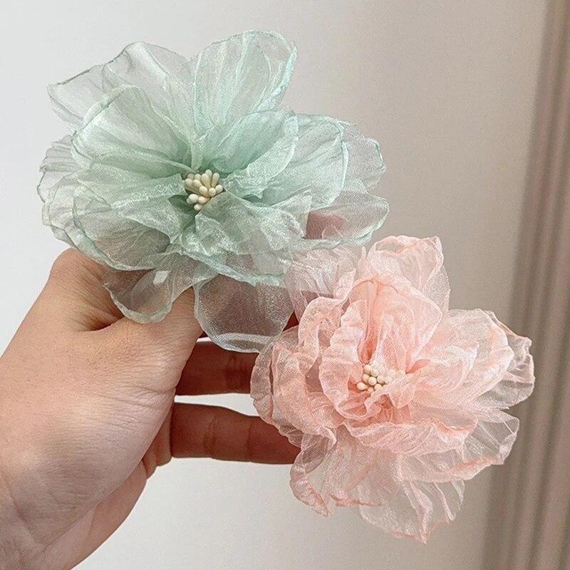 Новинка 2024 года, заколка для волос с большим цветком, модная шифоновая челка, заколки для волос, детские головные уборы для девочек, аксессуары для волос на отдыхе