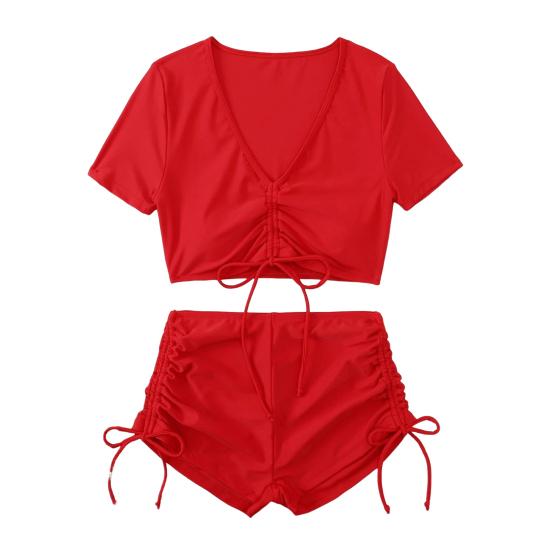 2Pcs/Set Women Summer Bikini Set V Neck Short Sleeve Tops High Waist Drawstring Swimming Trunks Solid Color Quick Drying Swimsuit