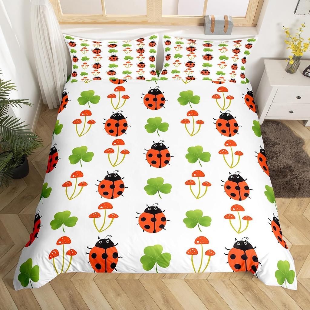 Cute Ladybug Duvet Cover Twin Queen Cartoon Animal Ladybird Insect Bedding Set Kawaii Wildlife Love Heart Print Comforter Cover