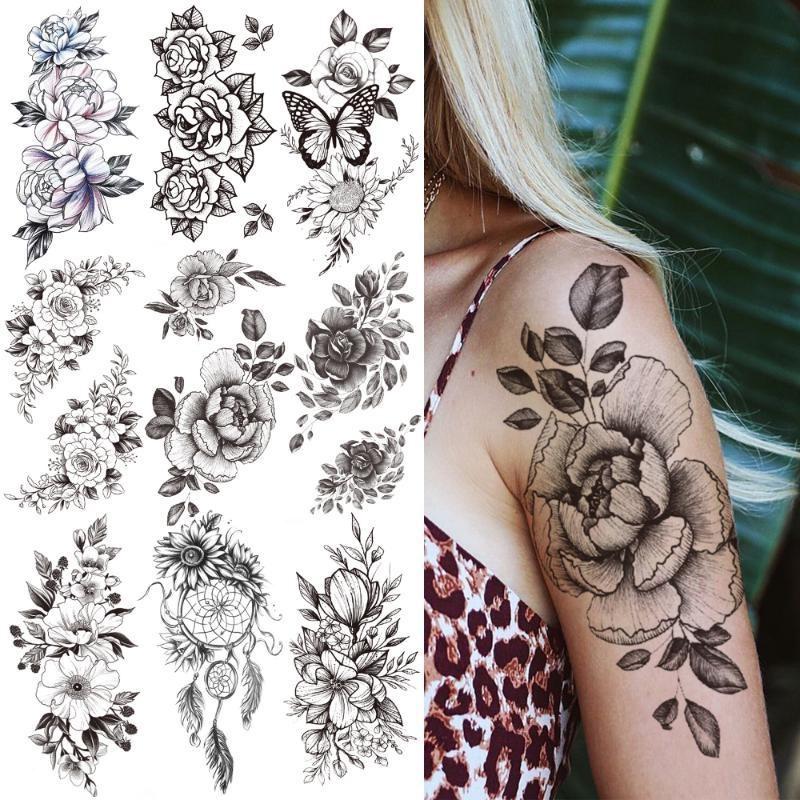 1 ШТ. 210*114 ММ Сексуальный Цветочный Узор Временные Татуировки Черной Розы для Женщин Водонепроницаемые Поддельные Татуировки для Рук Боди-Арт Рукав Наклейка Для Тела