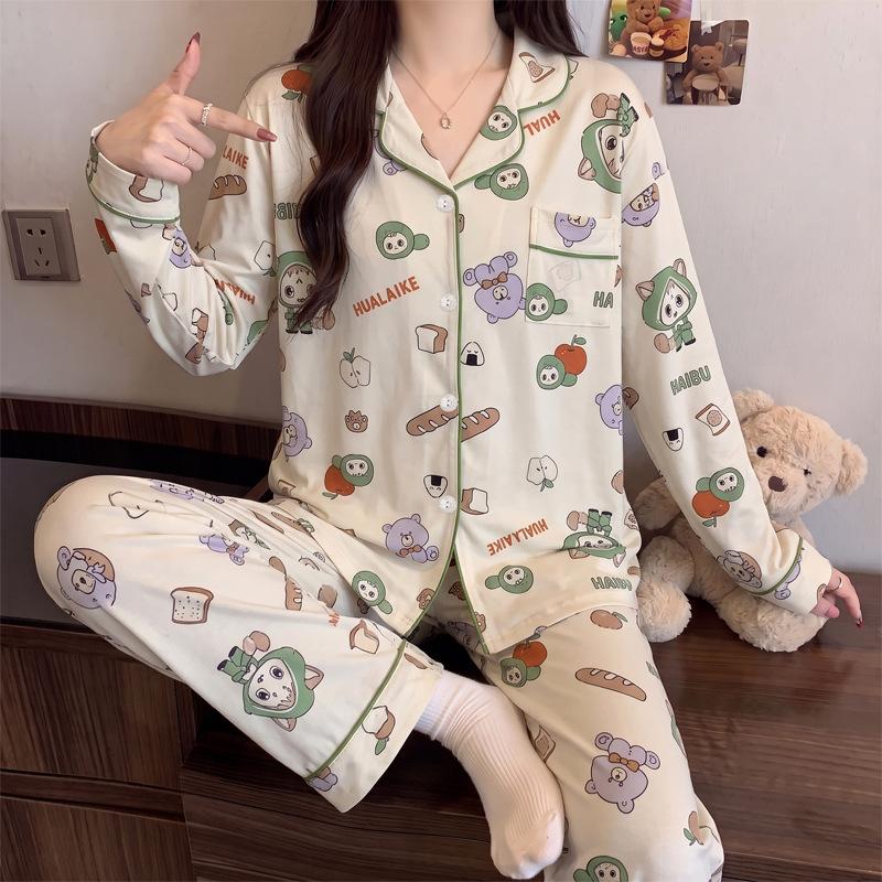 Imitation cotton pajamas women's spring and autumn long-sleeved cartoon cute girl style students can wear loungewear suit