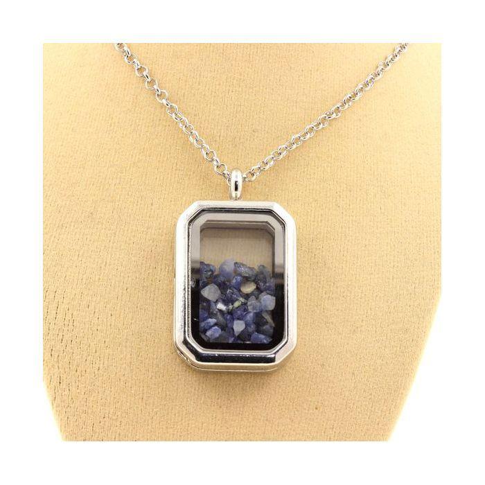 Stones and Minerals. Raw Benitoite Necklace. Rectangular Model with Cut Sides.