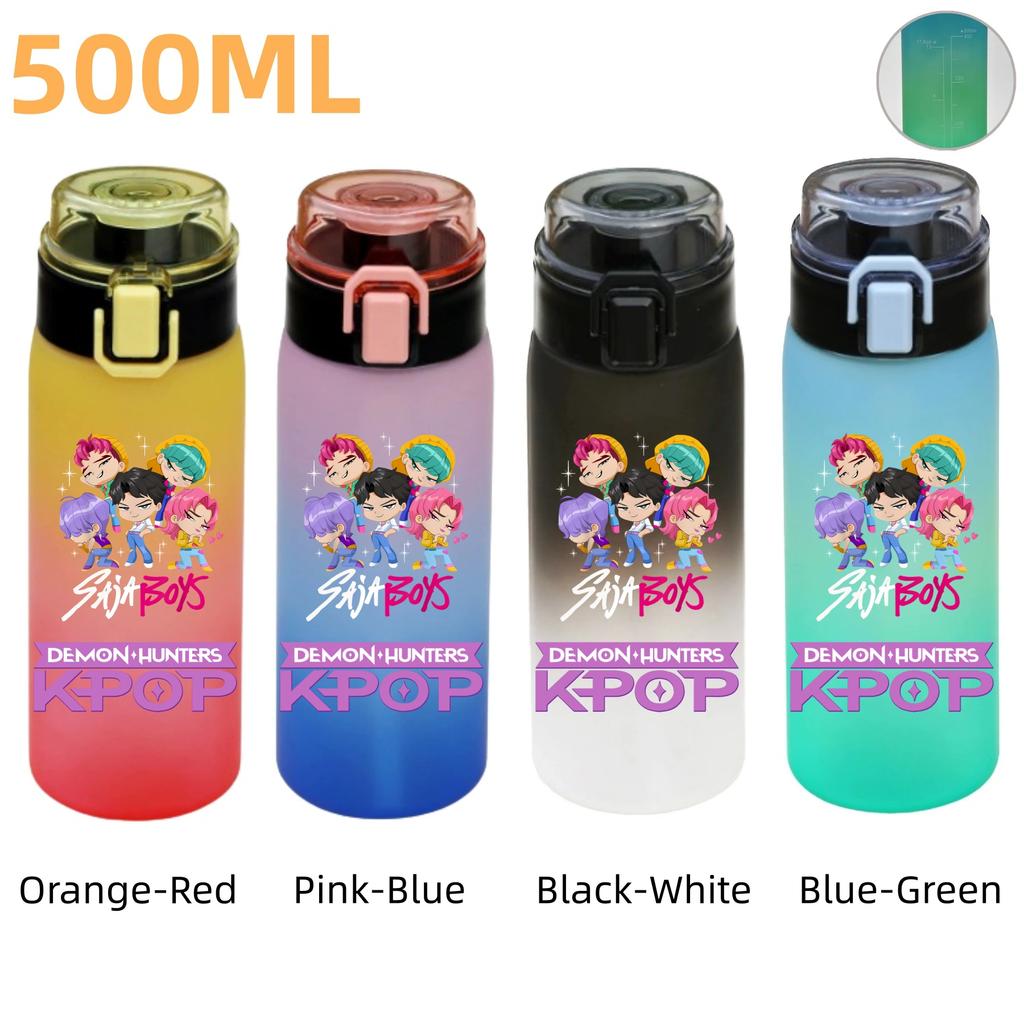 500ML KPop Demon Hunters Plastic Anime Water Cup Has Scale Travel Office Gym Hiking Portable Drink Bottles Outdoor Sport Gifts