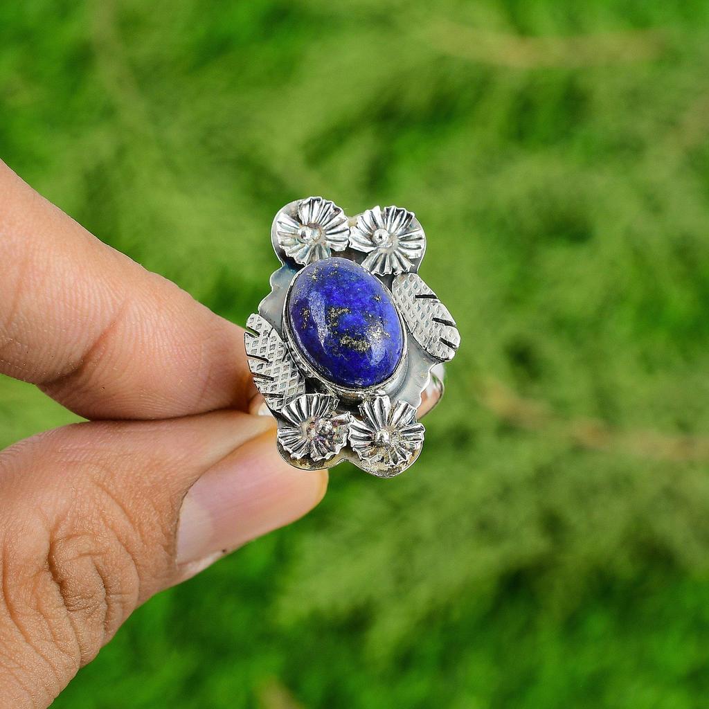 Gift For Her Natural Lapis Lazuli Promise Flower Adjustable Ring 925 Silver
