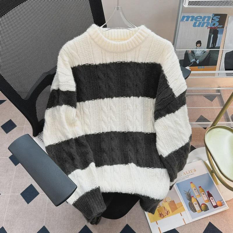 Мужской свободный повседневный полосатый вязаный свитер - японский модный стиль TikTok для старшеклассников