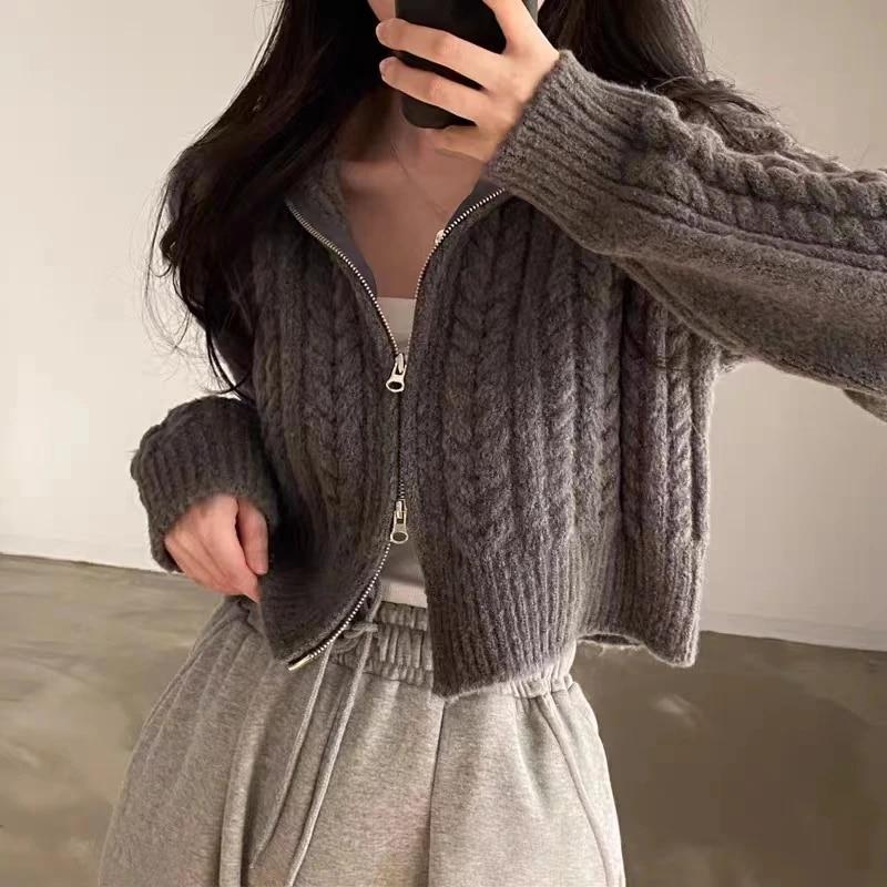 Autumn Y2k Women Zippers Knitted Cardigan Casual Loose Solid Cropped Sweater Korean Short Long Sleeve Coats Tops Fashion Clothes