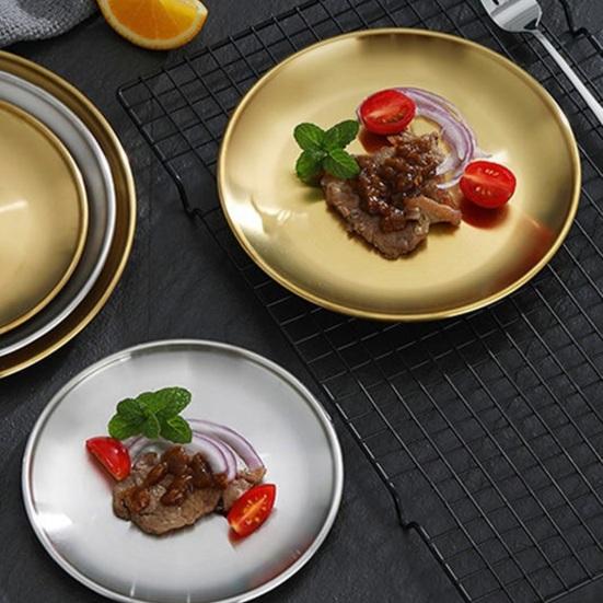 Обеденные тарелки из нержавеющей стали, круглые утолщенные тарелки для салата, домашняя кухня, барбекю, сервировочная тарелка для салата, посуда