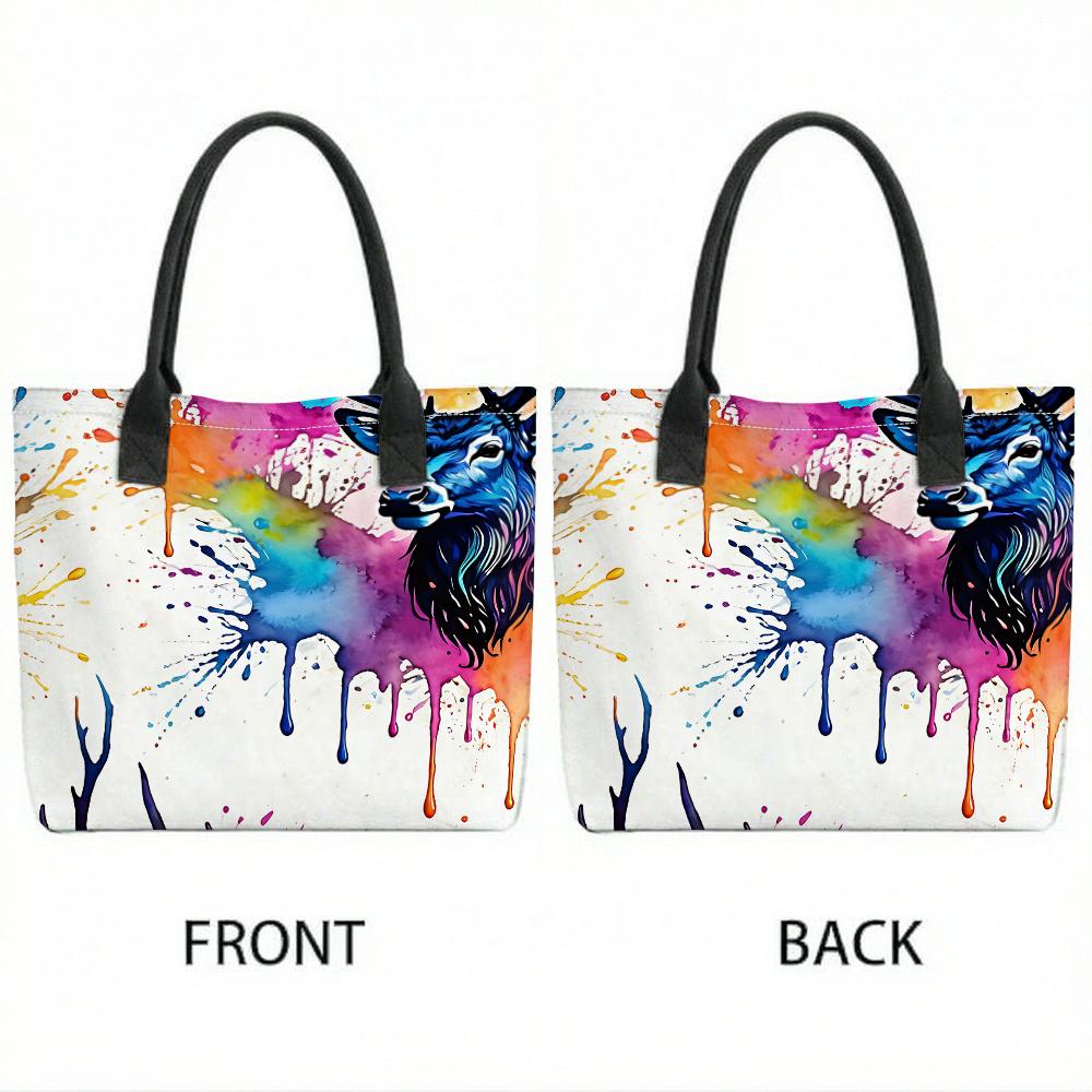 Watercolor Elk Print Canvas Tote Bag Casual Large Capacity Shoulder Handbag for Daily Use