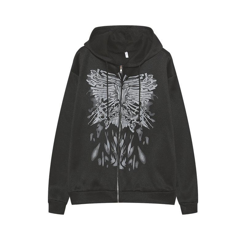 Y2K Толстовки на молнии с принтом бабочки в стиле гранж-панк, уличная одежда в готическом стиле, черное пальто с капюшоном, осенняя свободная куртка с длинными рукавами