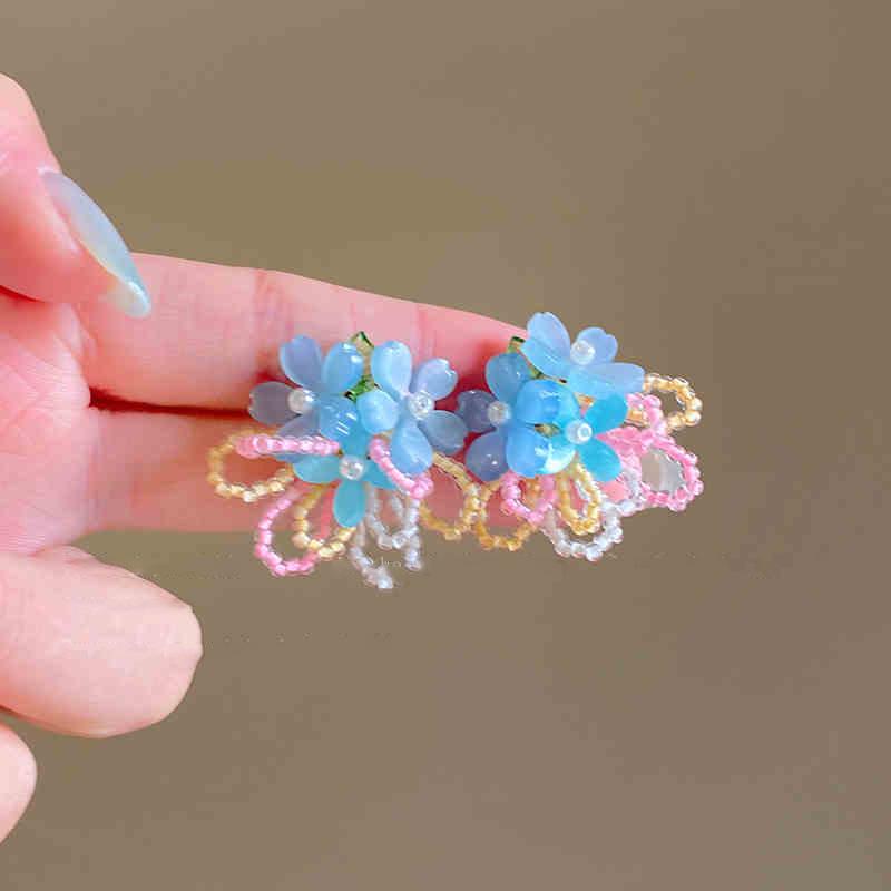 Богемные розовые серьги-кисточки с цветком из бисера и жемчуга