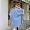 Women Fashion Casual Jeans Shirt Turn Rolled Up Long Sleeve Down Collar Denim Jacket with Pockets