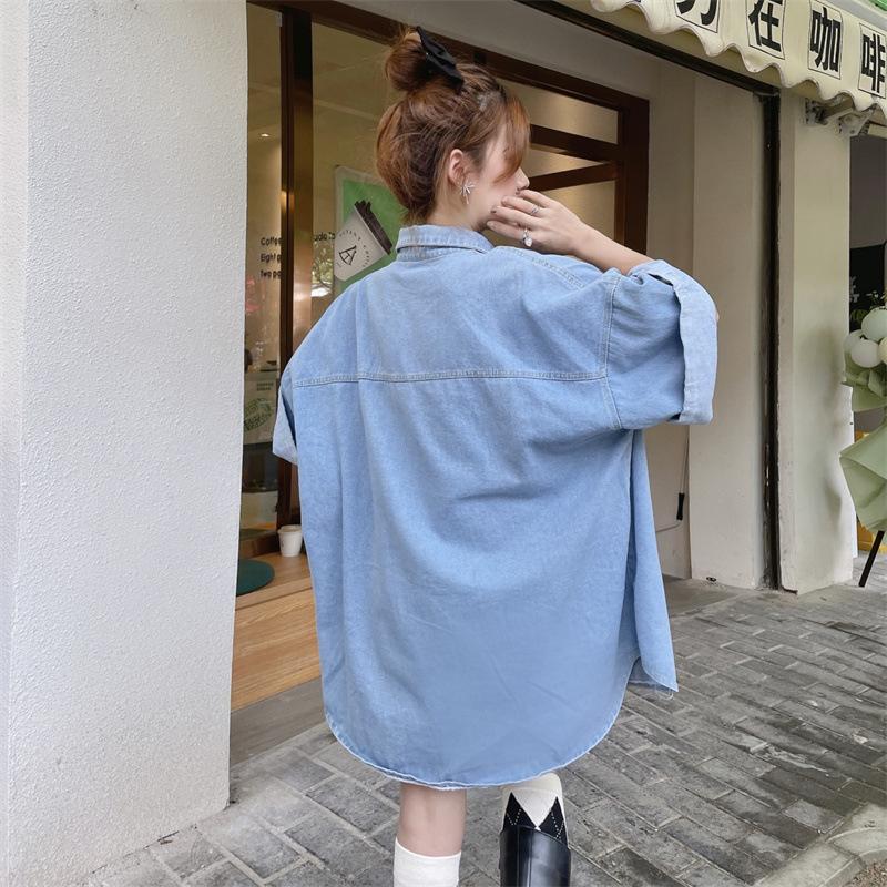 Women Fashion Casual Jeans Shirt Turn Rolled Up Long Sleeve Down Collar Denim Jacket with Pockets