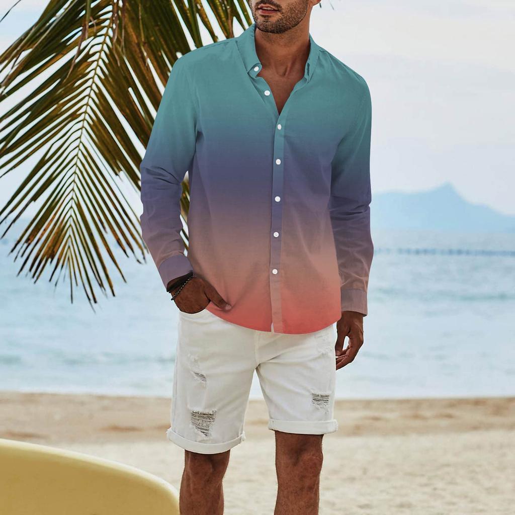 Мужская модная повседневная футболка с длинным рукавом и принтом на пуговицах, рубашка обычного кроя