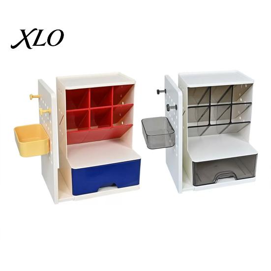 Desk Organizer with Pen Holder Retractable Bookends And Pegboard, Multi-Functional Angled Makeup Professional Workspace Brush Holder, Compact