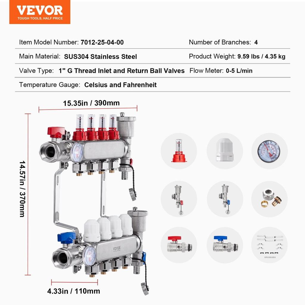 4-Branch Radiant Heat Manifold 1/2" PEX Tubing Floor Heating Manifold Set