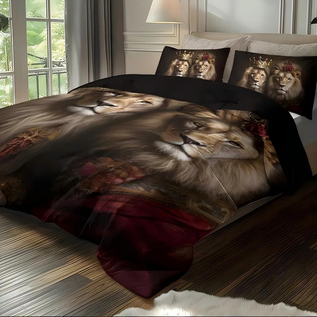 Пододеяльник с 3D-принтом «Львы в коронах», мягкий и удобный комплект постельного белья, тематика «Дикая природа», стиль для пары, комплект пододеяльника, наволочки