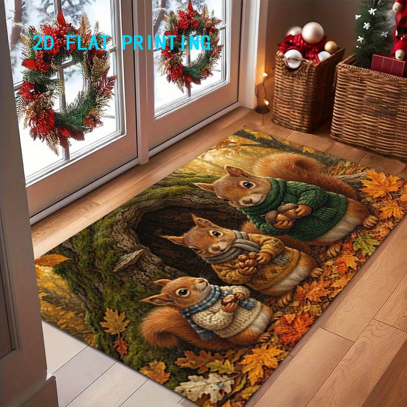 1pc, 2D Flat Printing, Autumn Squirrel Pattern Door Mat for Home, Living Room Entrance Rug, Non-Slip And Machine Washable Polyester Carpet, Suitable f