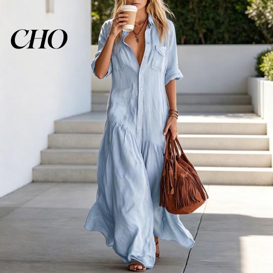 Comfortable Women Dress Women's Short Sleeve Maxi Shirt Dress, Button Down Lapel V Neck Summer Flowy Long Casual Ruffle A-line with Pockets