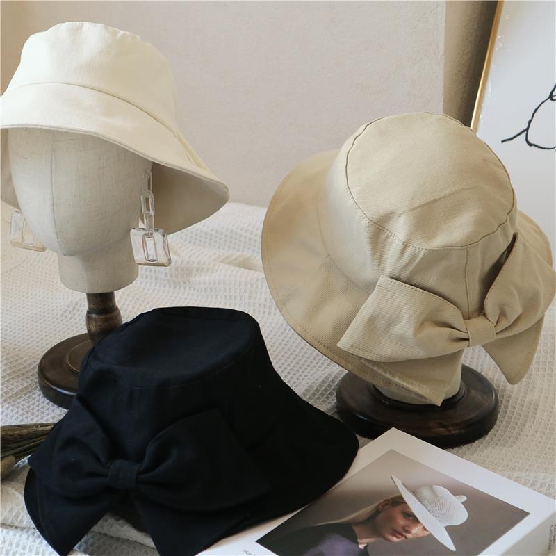 Bow Hat Big Brimmed Hat Solid Color Female Fisherman Hat Hepburn Style Sunscreen Sun Hat