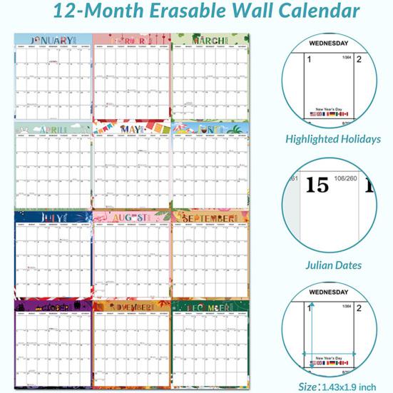 Большой настенный календарь 2025 года, двухсторонний, стираемый влажным и сухим способом, ежегодный планировщик, ламинированное расписание с маркером, клей для домашнего офиса, класса