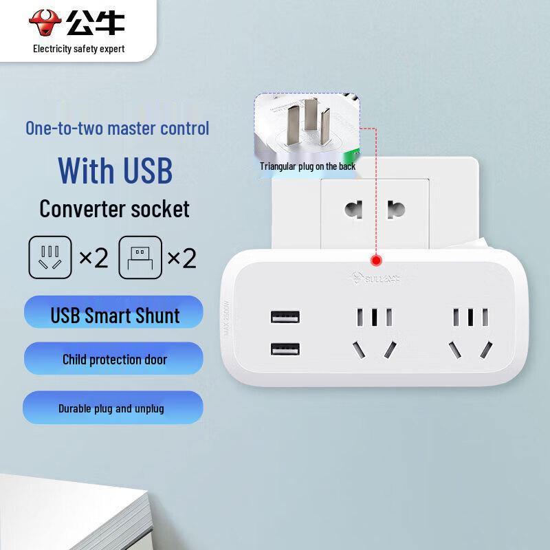 Bull Compact USB Wall Charger with 2 AC Outlets & 2 USB Ports CN plug (adapter included)