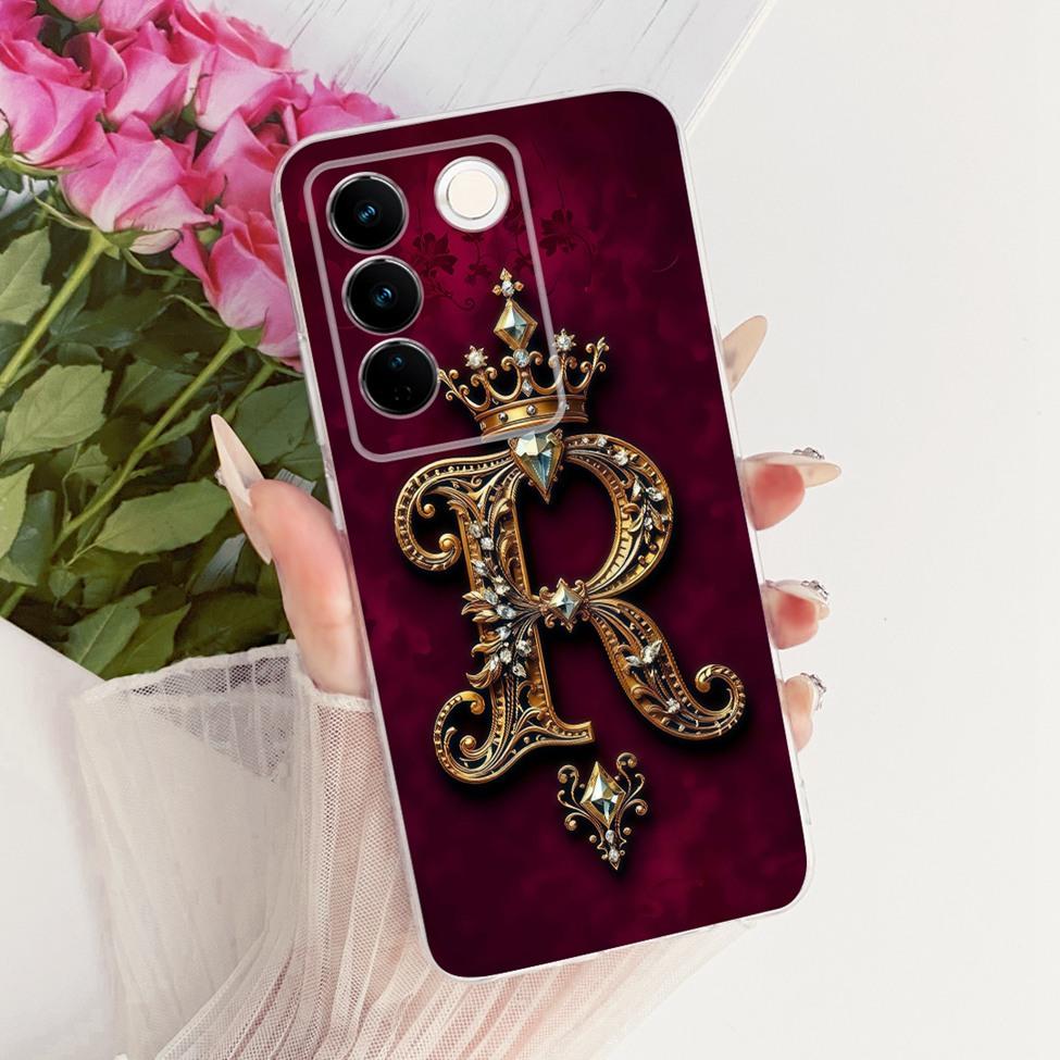 Прозрачный Чехол Для Vivo S16 V2244A Для Vivo S16 Pro V2245A Чехол Роскошная Корона Буквы A-Z 2D Плоский Узор Мягкий Корпус Телефона