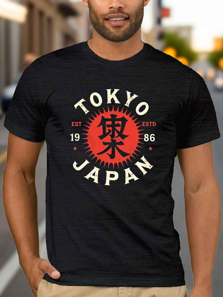 Mens Tokyo Retro Print TShirt Black background with red and white Tokyo lettering lightweight cotton crew neck design