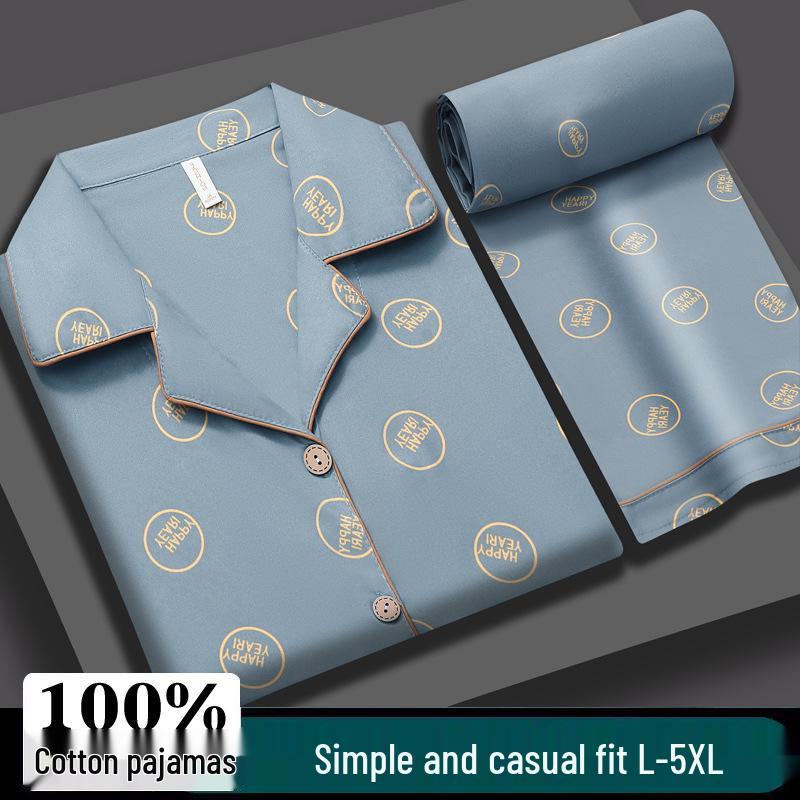 Мужской летний хлопковый пижамный комплект большого размера - Топ с коротким рукавом и длинные брюки для пап среднего возраста