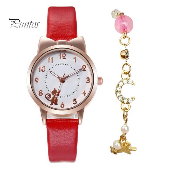 1 комплект, женские часы, браслет со звездой и луной, мультяшный кот, бант, круглый ремешок из искусственной кожи, точные кварцевые наручные часы для девочек и студентов, модные украшения на день рождения