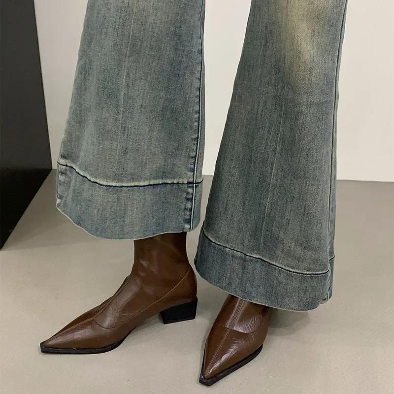 Мода остроносые женские тонкие ботильоны модные квадратные низкие каблуки женские элегантные молнии сзади короткие ботильоны женская обувь