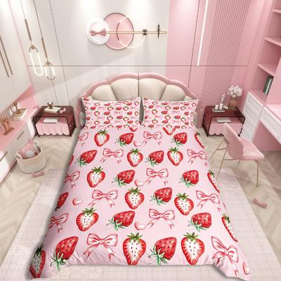 Homewish Милый комплект пододеяльника с клубничным принтом для ребенка, Мультяшный комплект постельного белья с аппетитными фруктами, Кавайный двусторонний декор с лентами-бантами