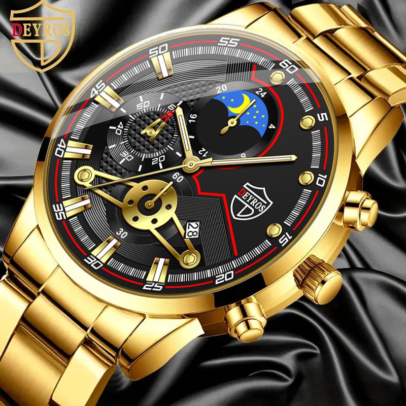 Модные мужские часы-календарь, мужские часы с ремешком из нержавеющей стали, деловые кварцевые наручные часы, браслет, ожерелье, набор