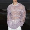Men Tops Crew Neck Long Sleeve Knitted T-Shirt Men Clothing Retro Hollow-Out Mesh Knit Tops Spring Streetwear
