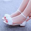 2 Cm Square Heel Shallow Mouth One-tie Buckle Sandals Ivory White Silk Satin Cloth Bridal White Flower Sandals for Women