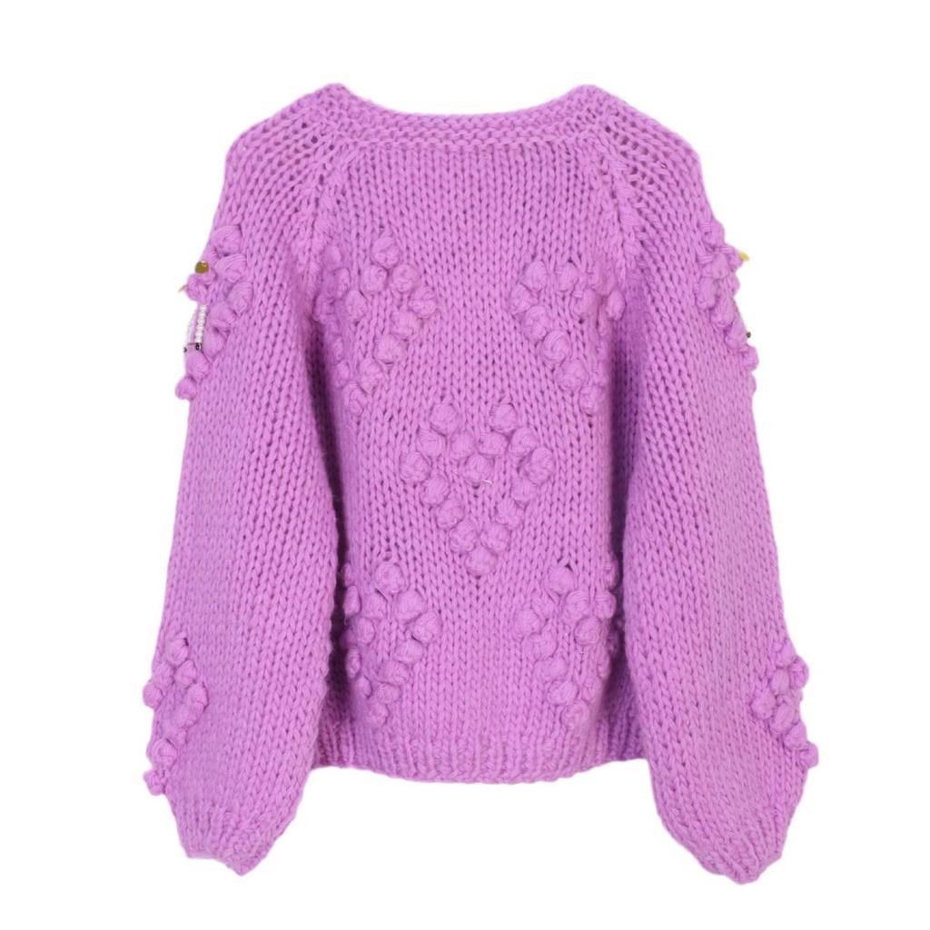 Женский модный кардиган с фиолетовыми помпонами - Круглый вырез, С бисером, Ручной вязки, Ленивый стиль, Осенне-зимний свитер